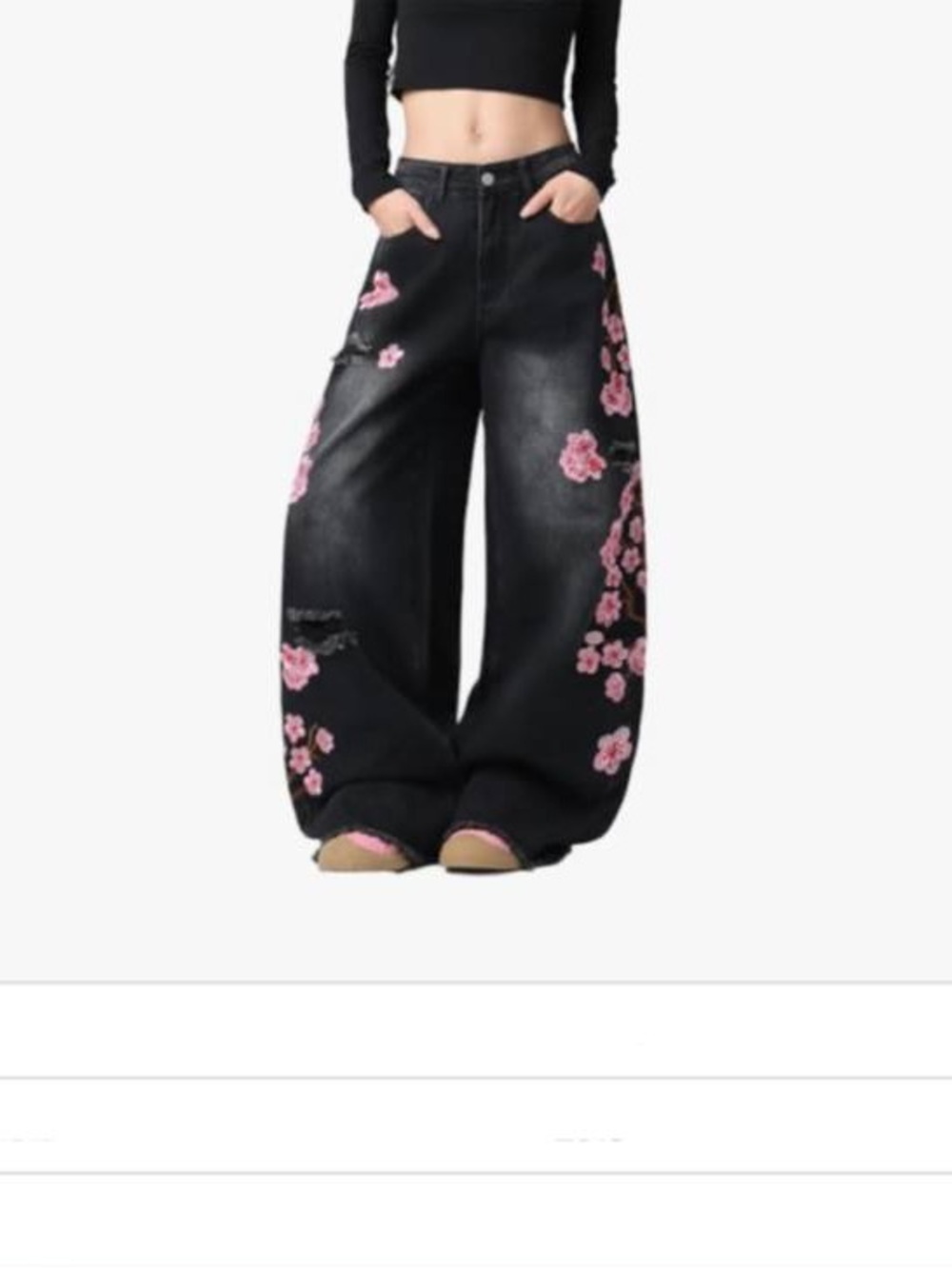 Black Wide-Leg Jeans with Pink Floral Appliqué